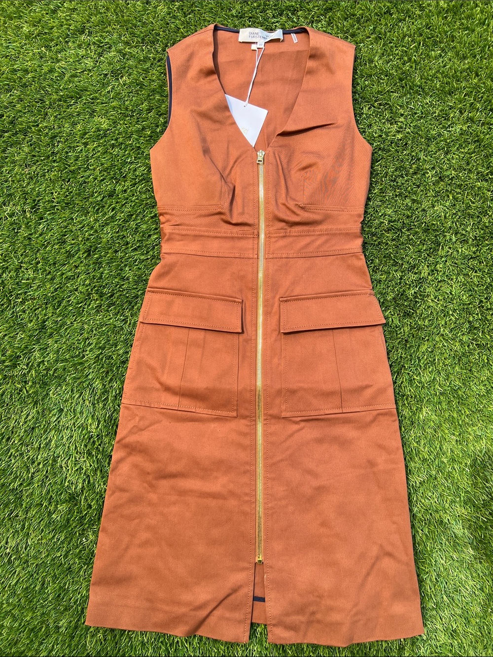 Diane Von Furstenberg Rust-Orange Sleeveless Zip Midi Dress